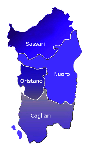 Provincie Sardinie na mapě: Cagliari, Sassari, Oristano, Nuoro.